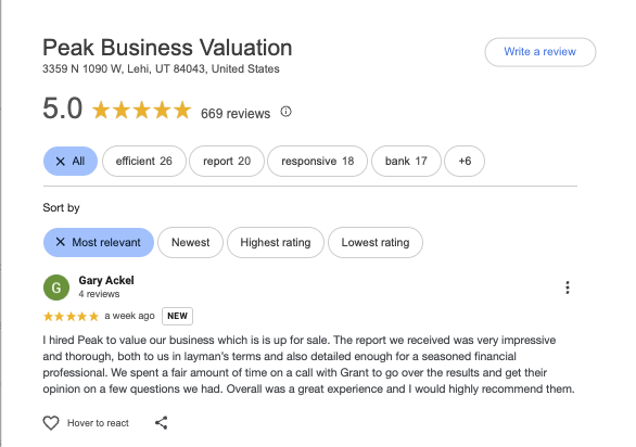 Screenshot Peak Business Valuation Reviews